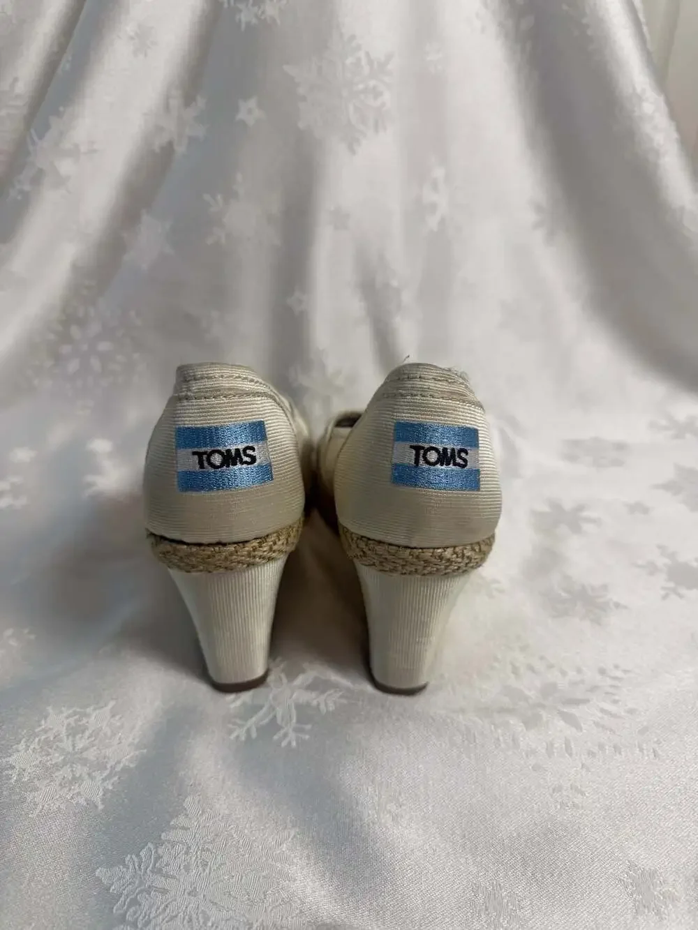 TOMS Beige Canvas Espadrille Peep Toe Wedge Heels